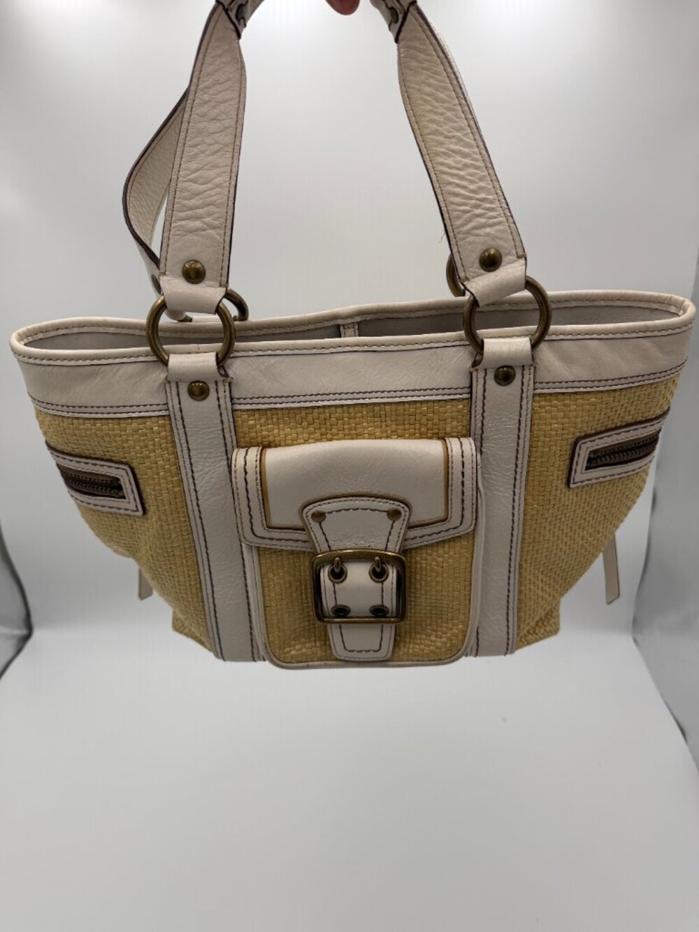 Coach Natural Straw White Leather Tote